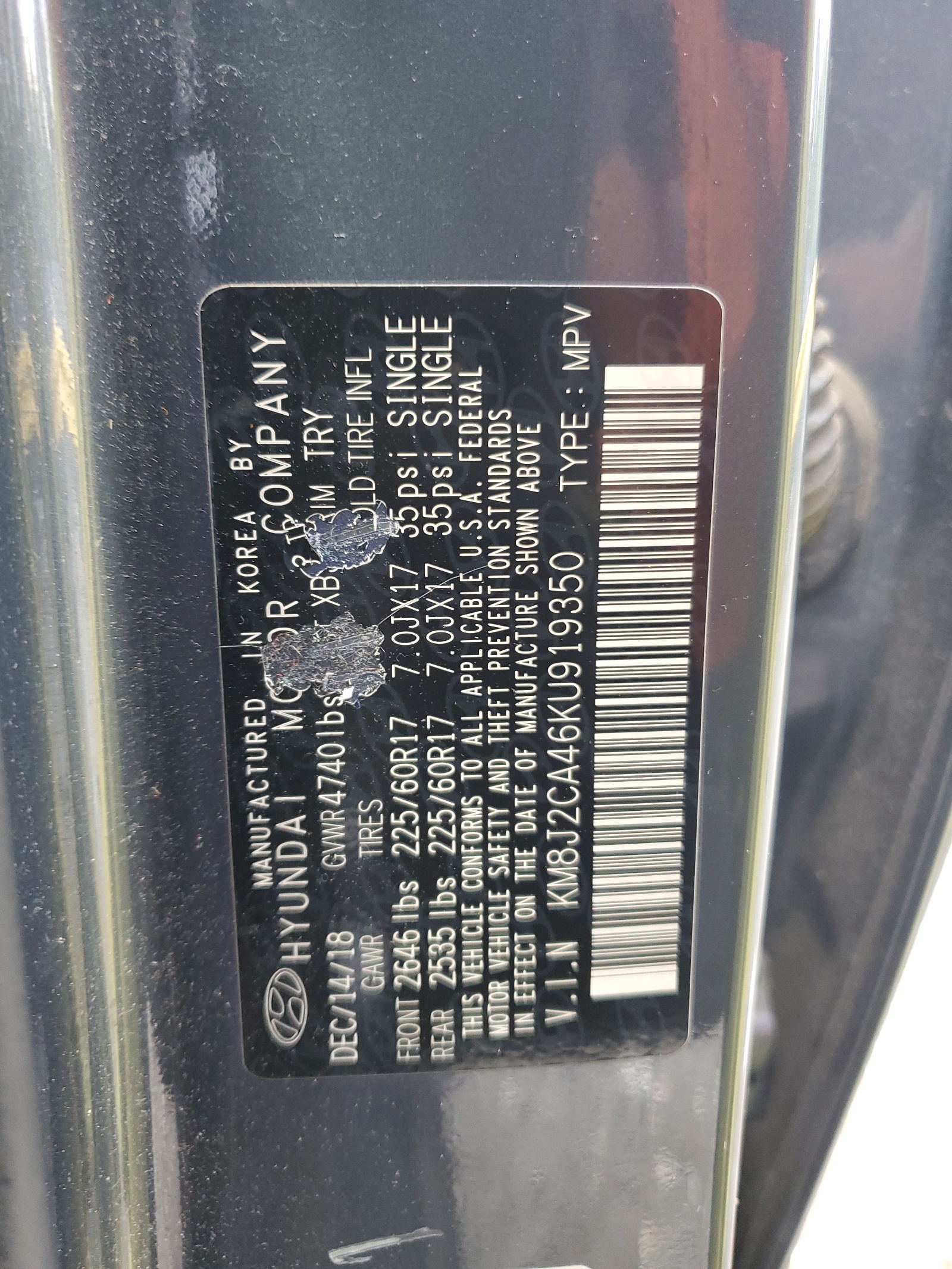 KM8J2CA46KU919350 2019 Hyundai Tucson Se