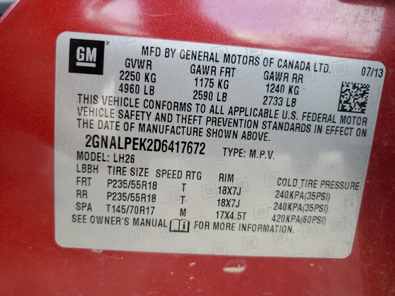 2GNALPEK2D6417672 2013 Chevrolet Equinox Lt