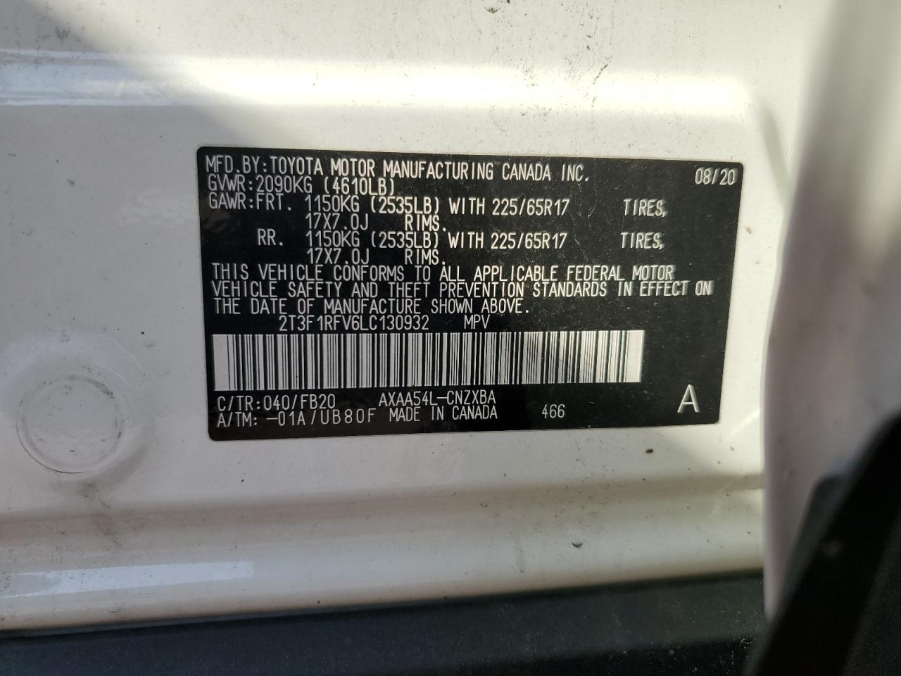 2020 Toyota Rav4 Le VIN: 2T3F1RFV6LC130932 Lot: 60255924