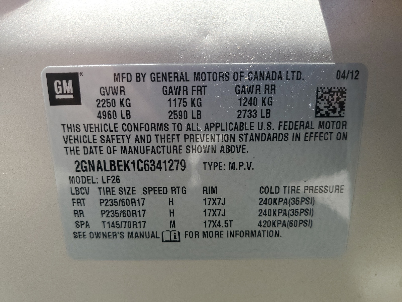 2GNALBEK1C6341279 2012 Chevrolet Equinox Ls