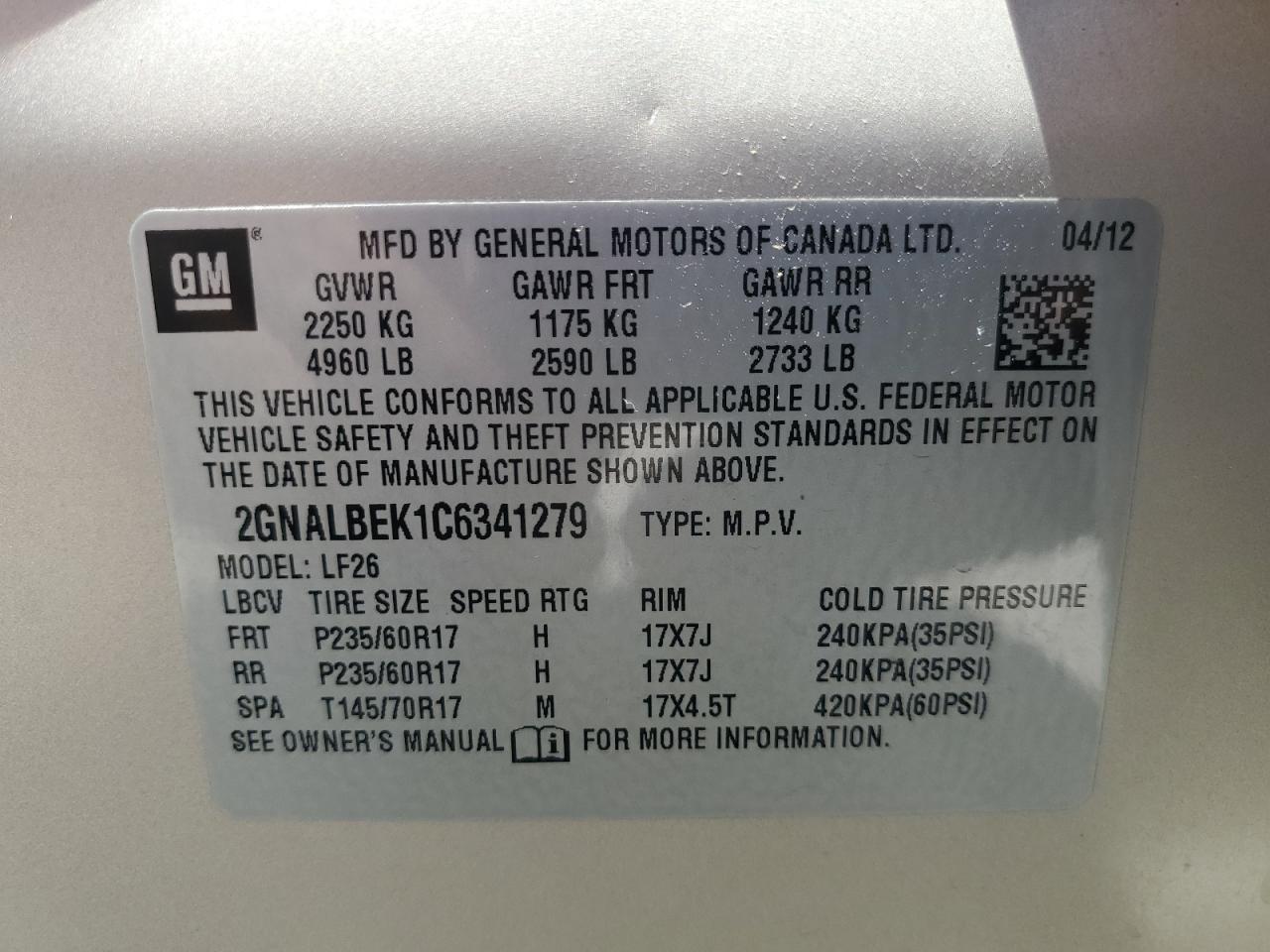 2012 Chevrolet Equinox Ls VIN: 2GNALBEK1C6341279 Lot: 61115574