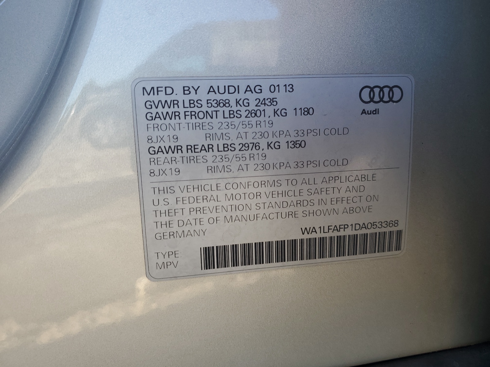 WA1LFAFP1DA053368 2013 Audi Q5 Premium Plus