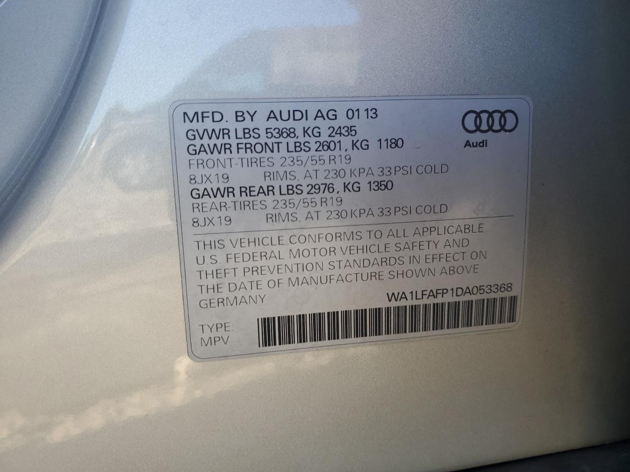 2013 Audi Q5 Premium Plus VIN: WA1LFAFP1DA053368 Lot: 60121184