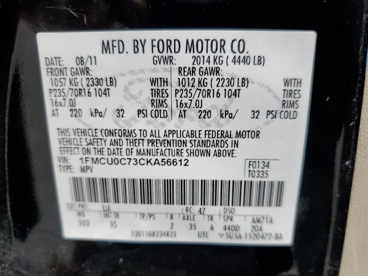 1FMCU0C73CKA56612 2012 Ford Escape Xls