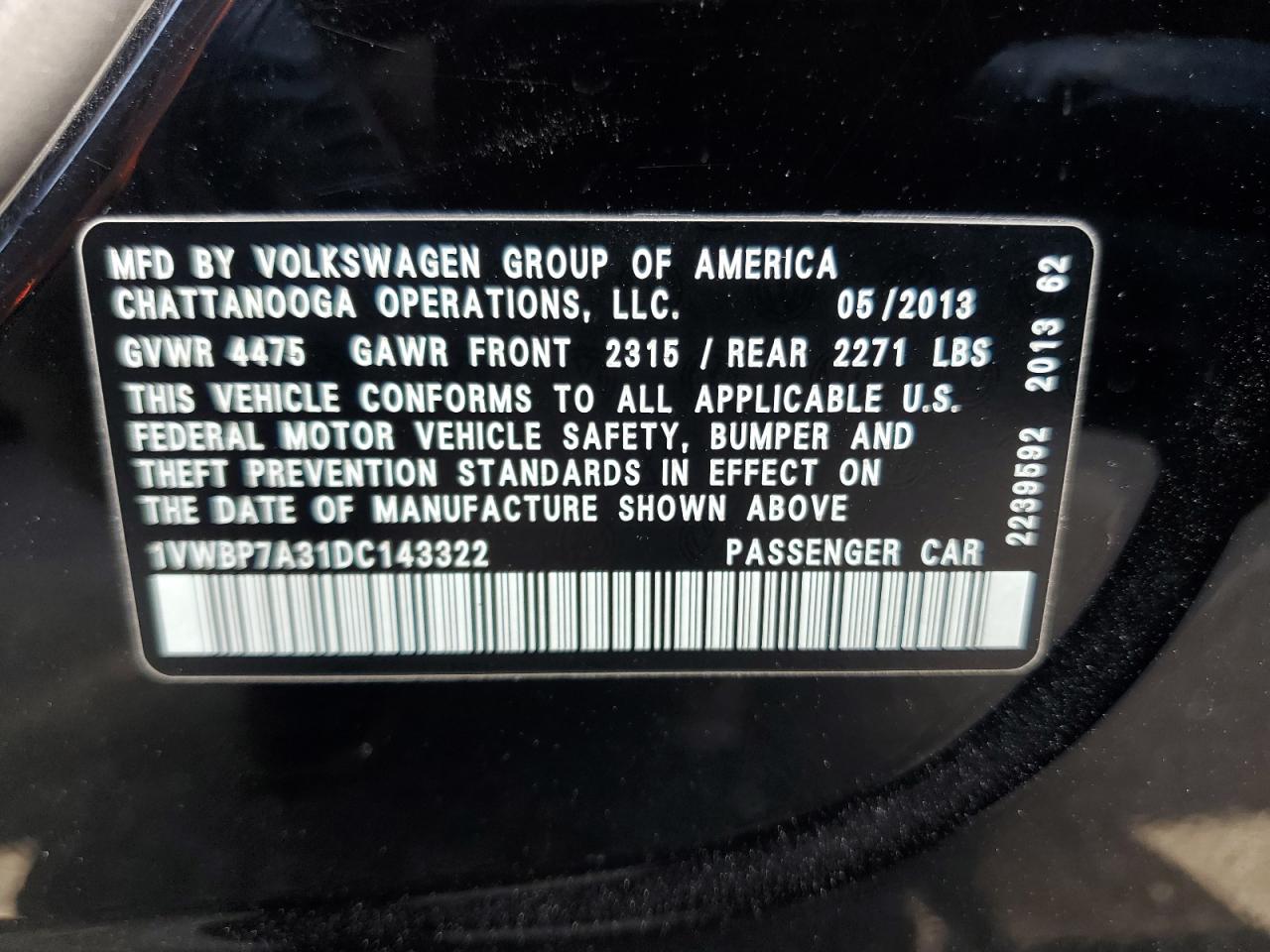 2013 Volkswagen Passat Se VIN: 1VWBP7A31DC143322 Lot: 59119714