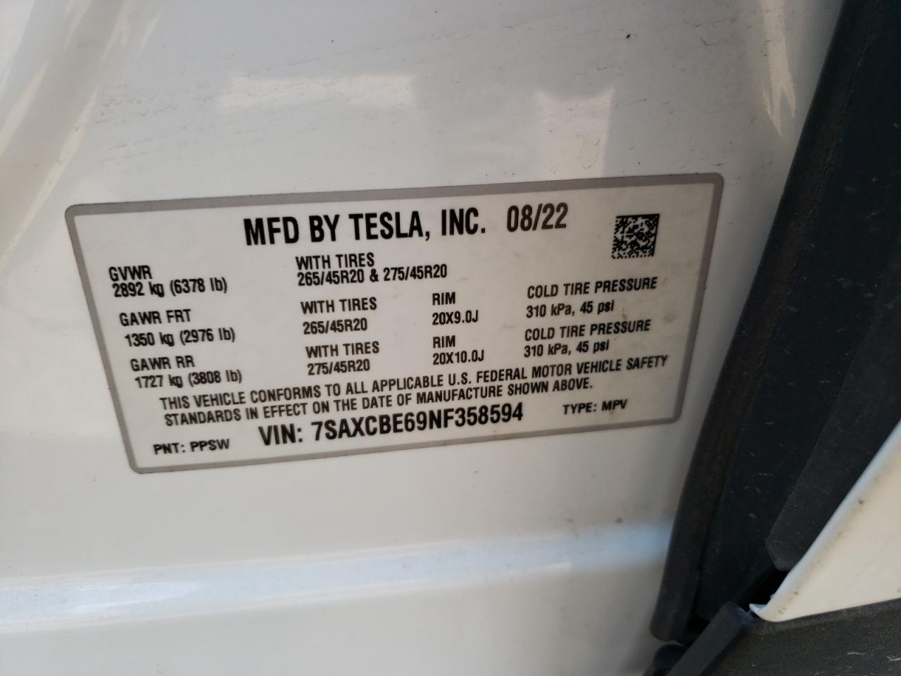 7SAXCBE69NF358594 2022 Tesla Model X