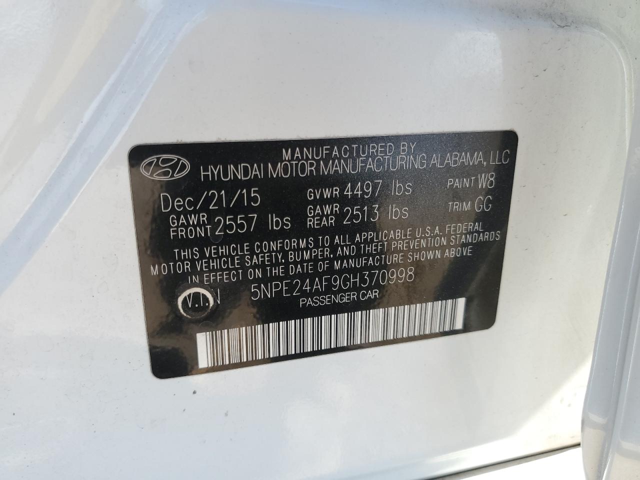 2016 Hyundai Sonata Se VIN: 5NPE24AF9GH370998 Lot: 60651304