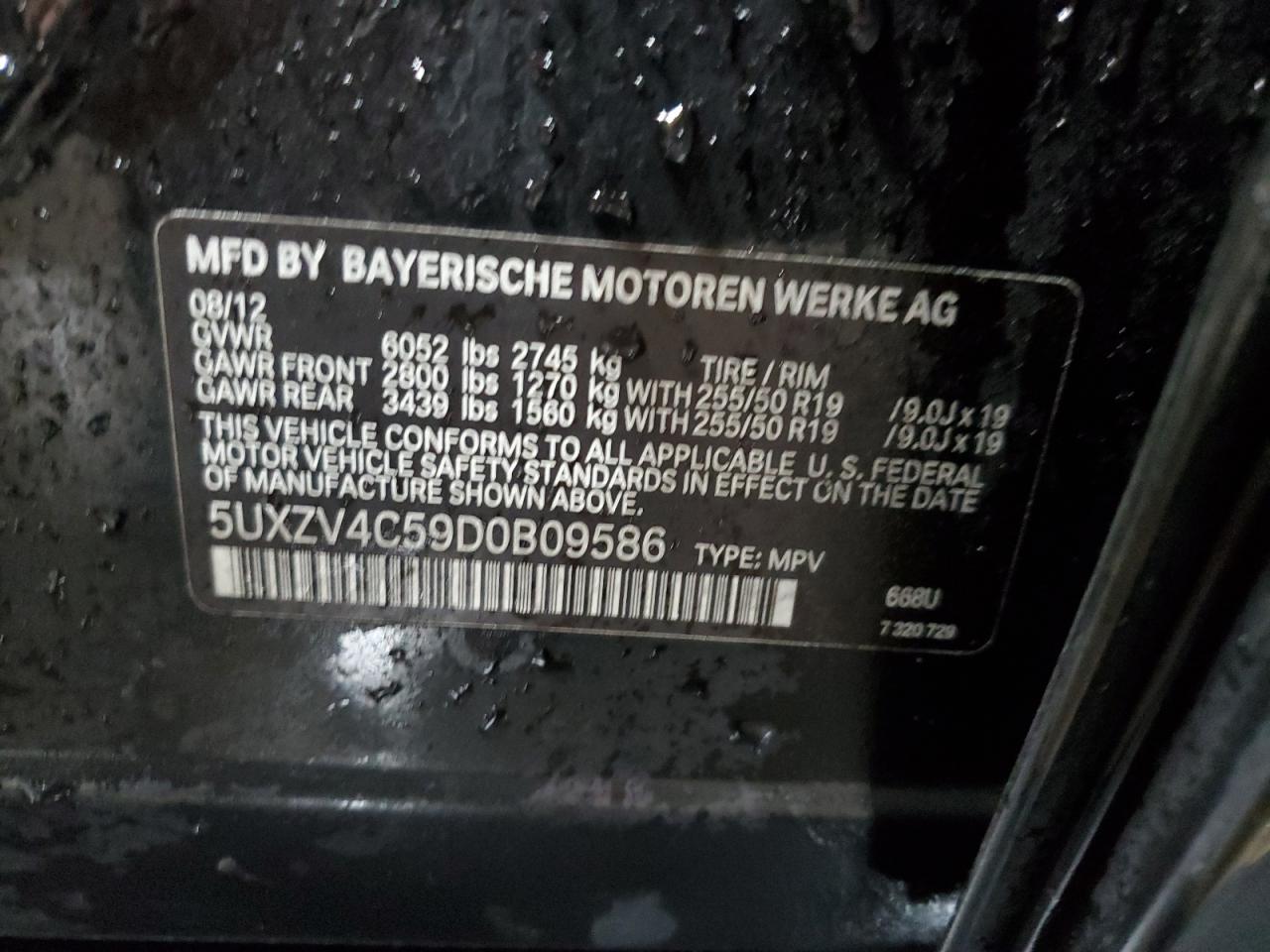 2013 BMW X5 xDrive35I VIN: 5UXZV4C59D0B09586 Lot: 60080484