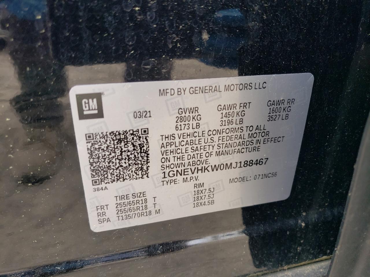 2021 Chevrolet Traverse Lt VIN: 1GNEVHKW0MJ188467 Lot: 57905974