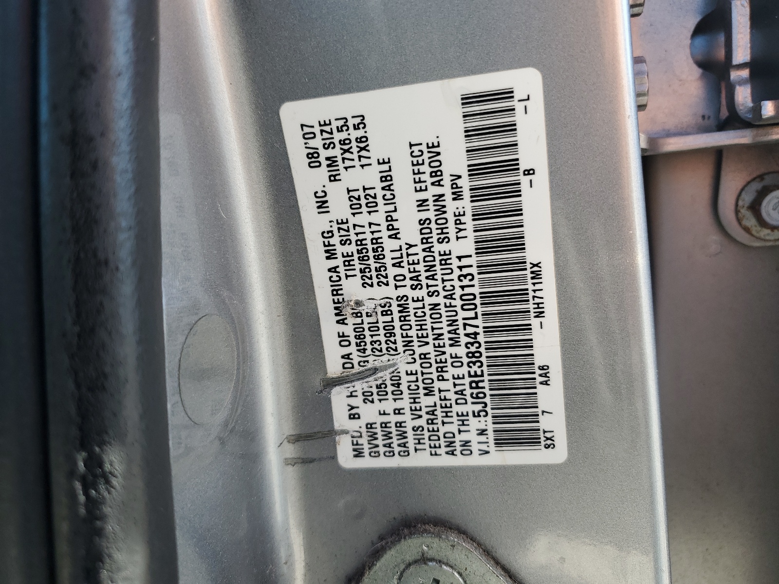 5J6RE38347L001311 2007 Honda Cr-V Lx