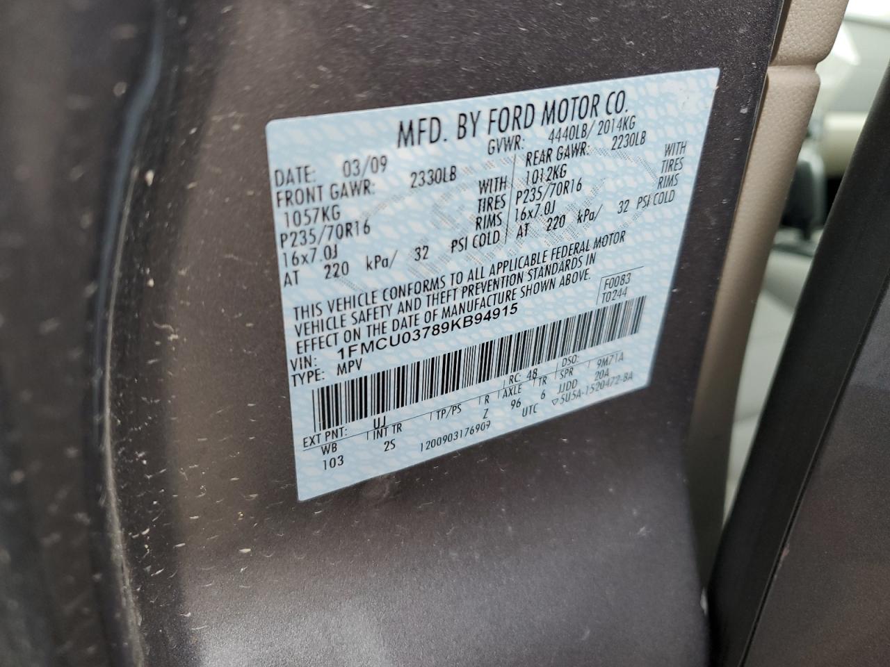 2009 Ford Escape Xlt VIN: 1FMCU03789KB94915 Lot: 60866554