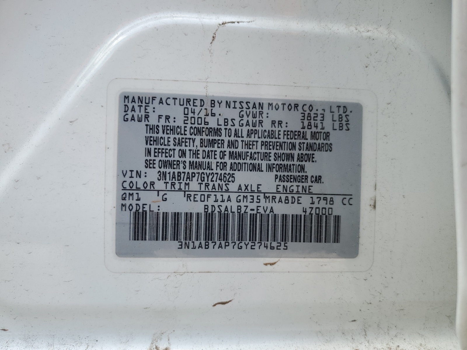 3N1AB7AP7GY274625 2016 Nissan Sentra S