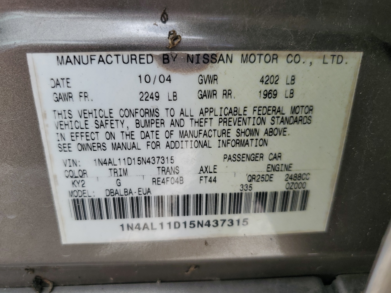 1N4AL11D15N437315 2005 Nissan Altima S