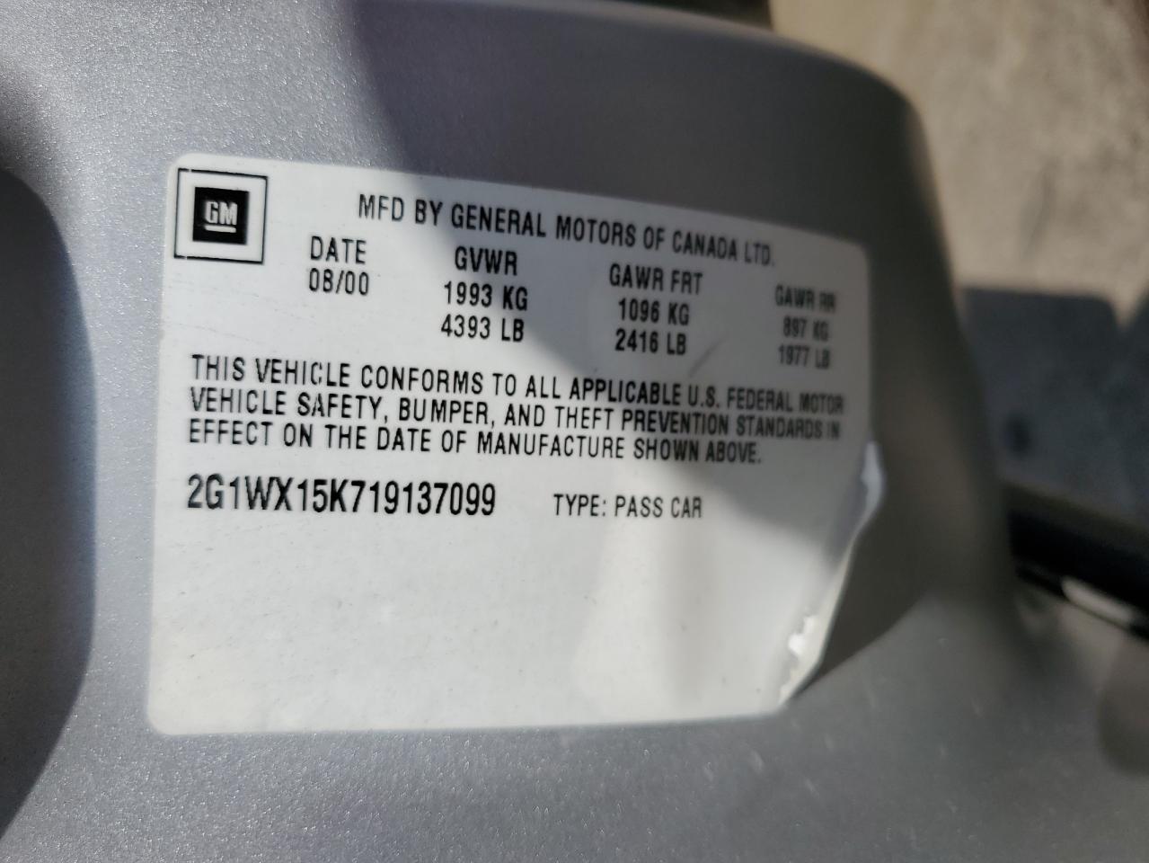 2001 Chevrolet Monte Carlo Ss VIN: 2G1WX15K719137099 Lot: 57874044