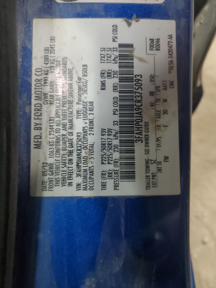 2012 Ford Fusion Sel VIN: 3FAHP0JA9CR375093 Lot: 61004834