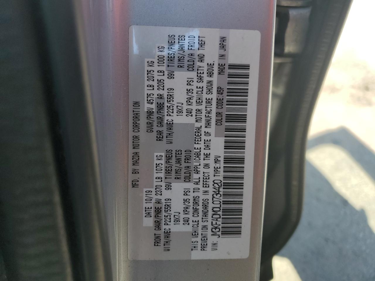 2020 Mazda Cx-5 Grand Touring VIN: JM3KFADM0L0734420 Lot: 58685444