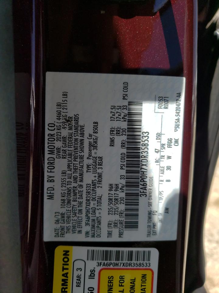 2013 Ford Fusion Se VIN: 3FA6P0H7XDR358533 Lot: 58317214