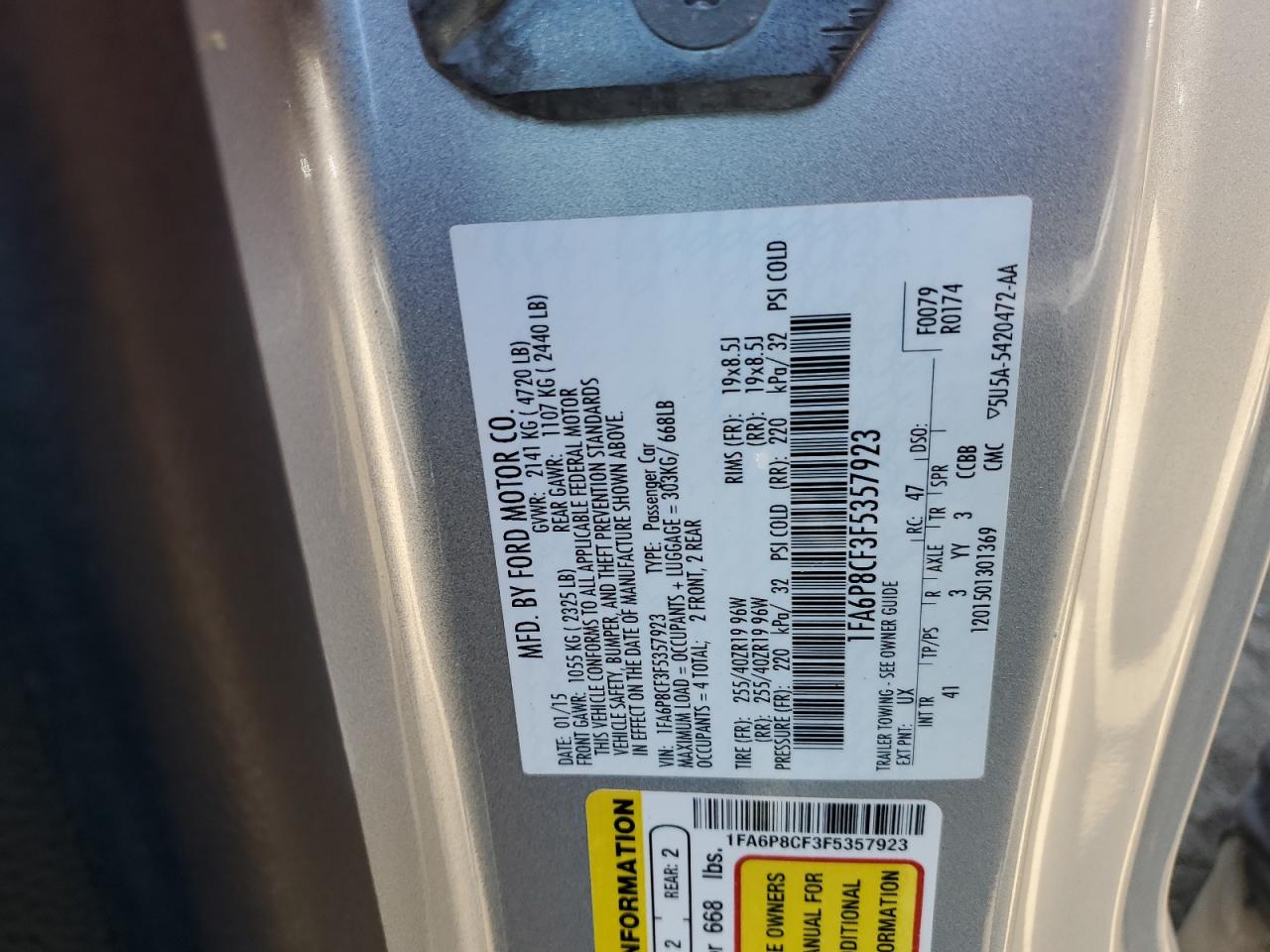 2015 Ford Mustang Gt VIN: 1FA6P8CF3F5357923 Lot: 60460574