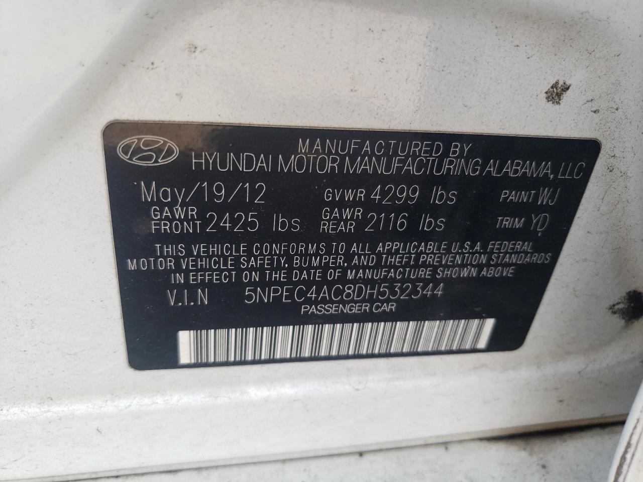 2013 Hyundai Sonata Se VIN: 5NPEC4AC8DH532344 Lot: 60686754