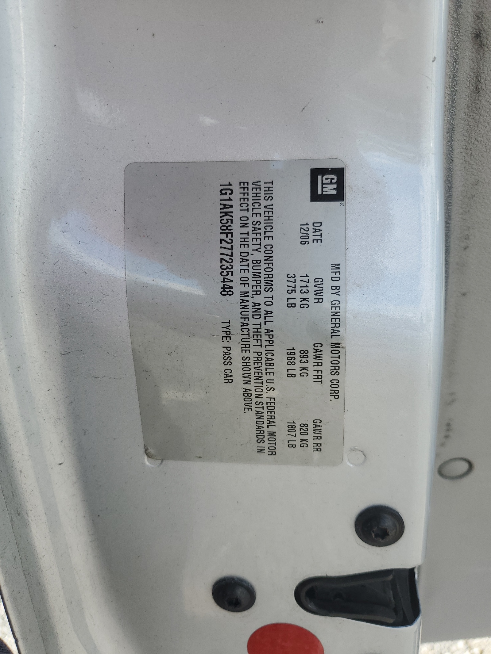 1G1AK58F277235448 2007 Chevrolet Cobalt Ls