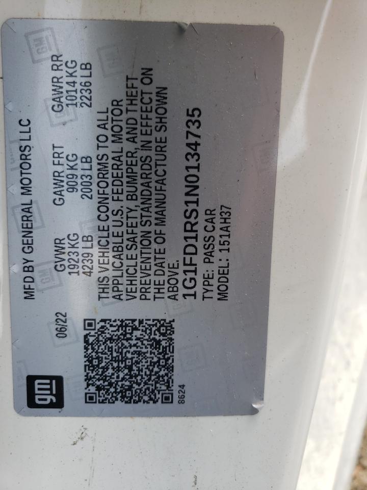 2022 Chevrolet Camaro Lt VIN: 1G1FD1RS1N0134735 Lot: 59775864