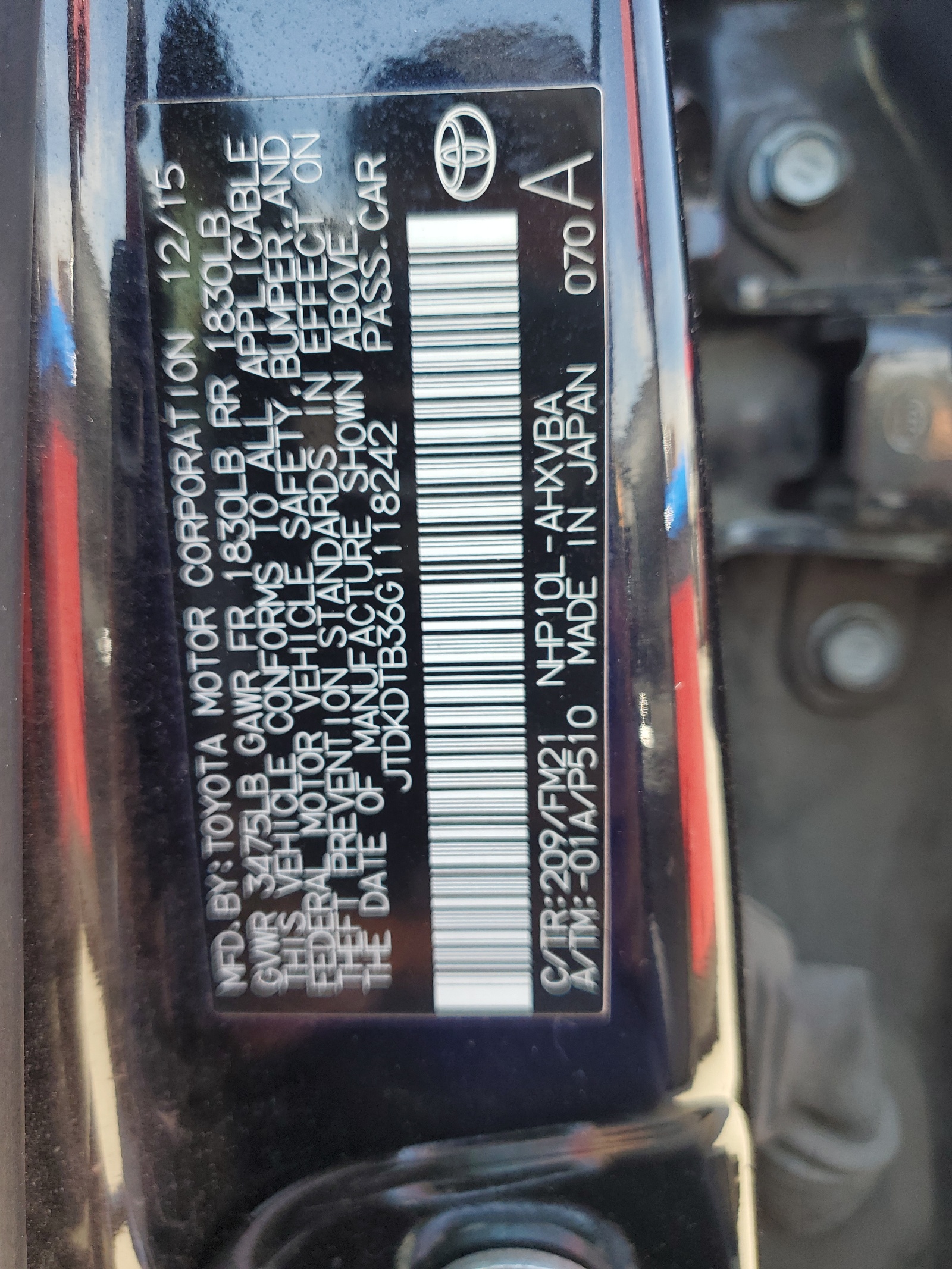 JTDKDTB36G1118242 2016 Toyota Prius C