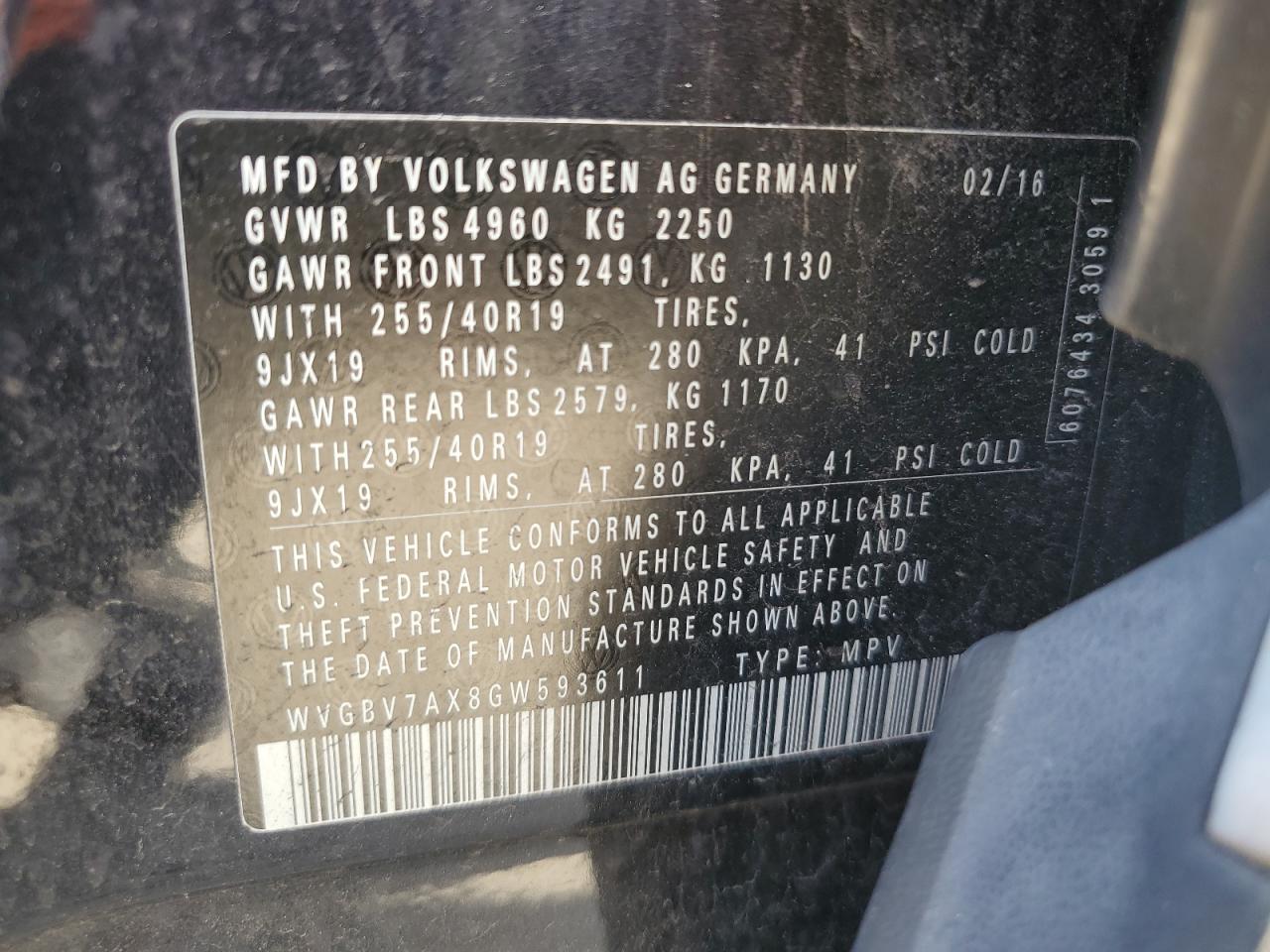 2016 Volkswagen Tiguan S VIN: WVGBV7AX8GW593611 Lot: 58438984