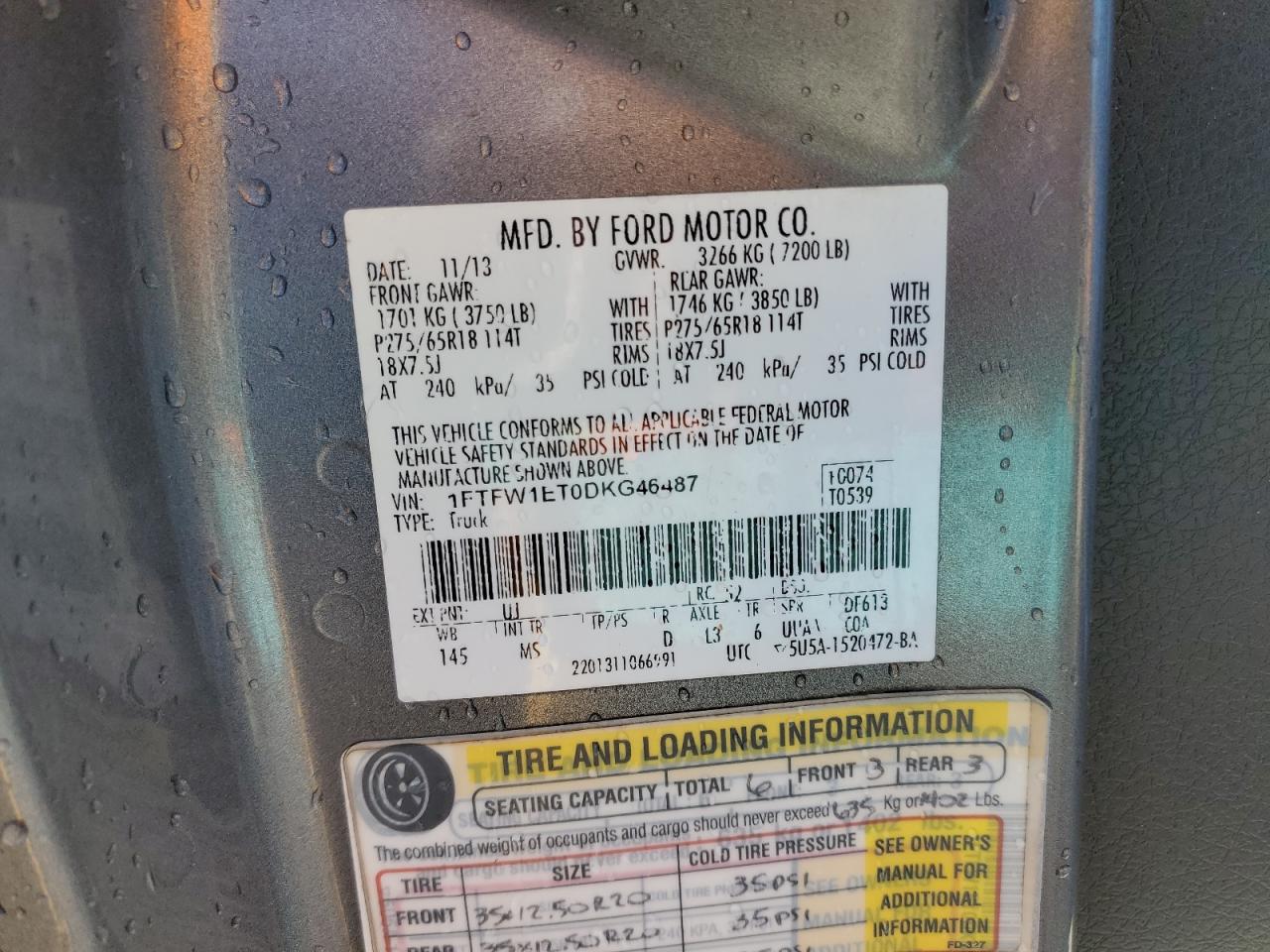 2013 Ford F150 Supercrew VIN: 1FTFW1ET0DKG46487 Lot: 60131694