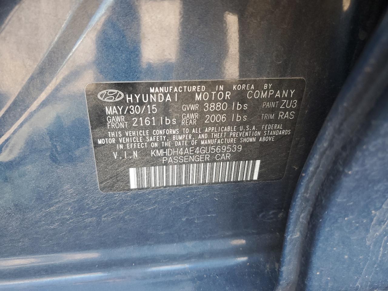 2016 Hyundai Elantra Se VIN: KMHDH4AE4GU569539 Lot: 61099224