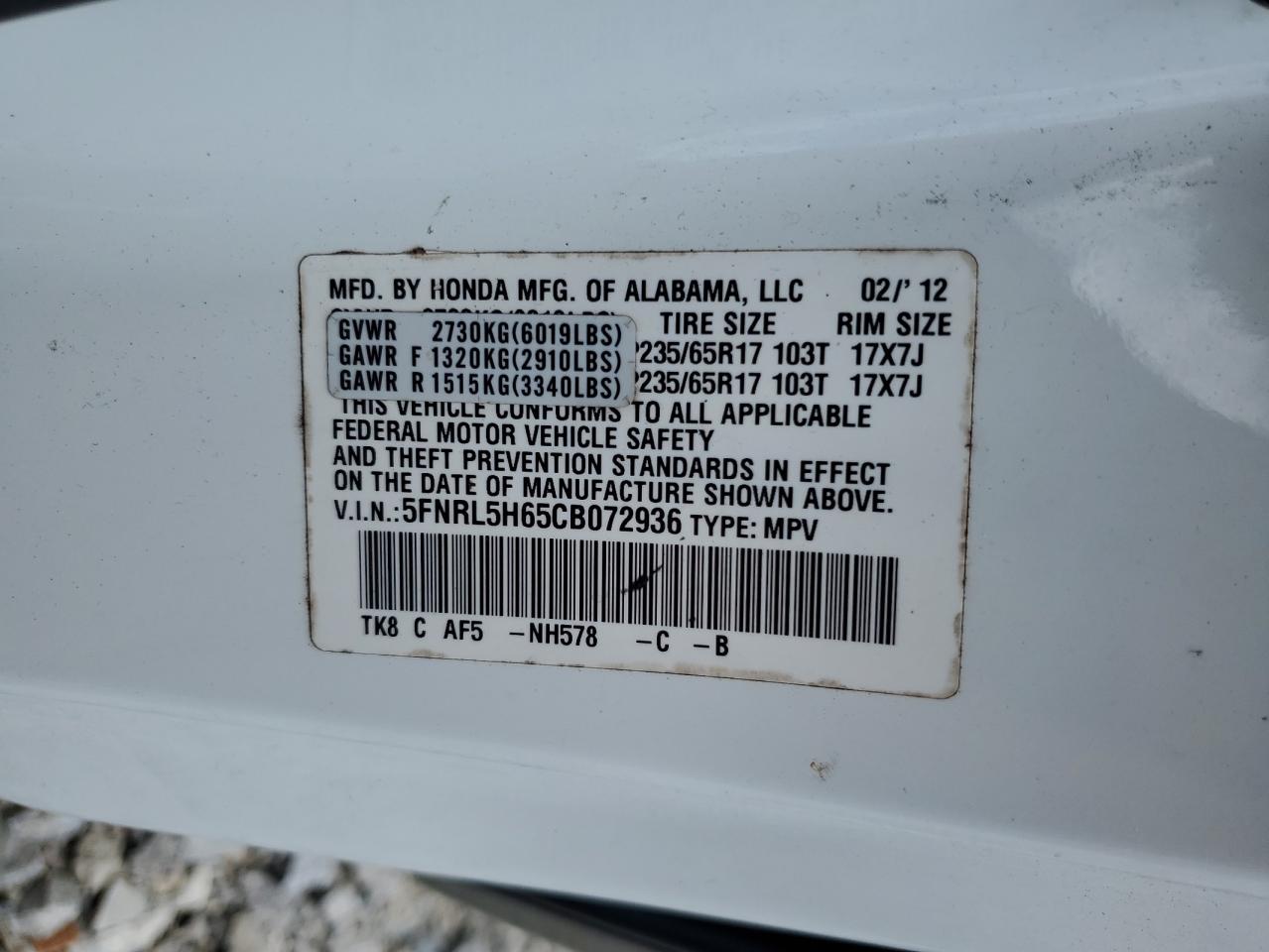 2012 Honda Odyssey Exl VIN: 5FNRL5H65CB072936 Lot: 57912414