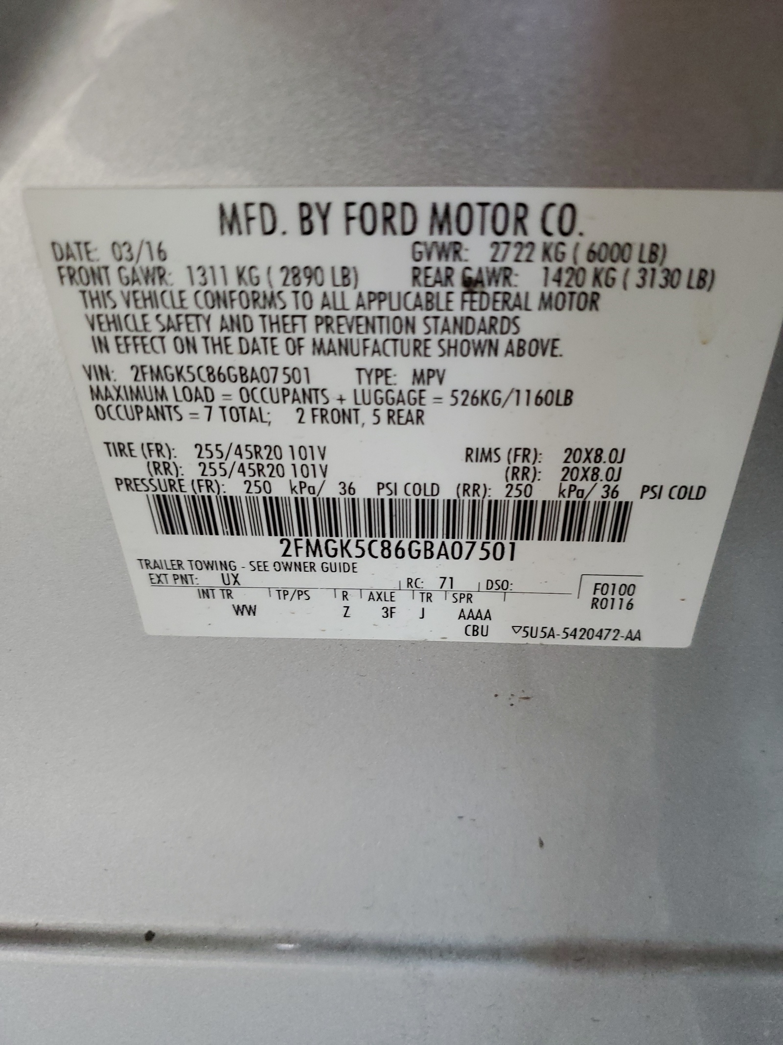 2016 Ford Flex Sel vin: 2FMGK5C86GBA07501