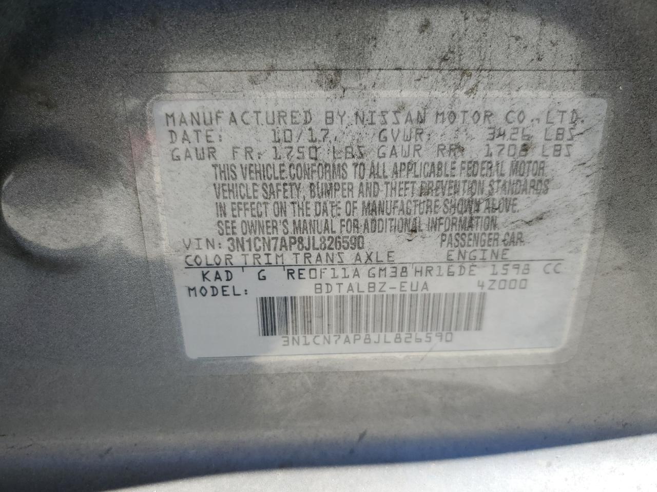 2018 Nissan Versa S VIN: 3N1CN7AP8JL826590 Lot: 60491634