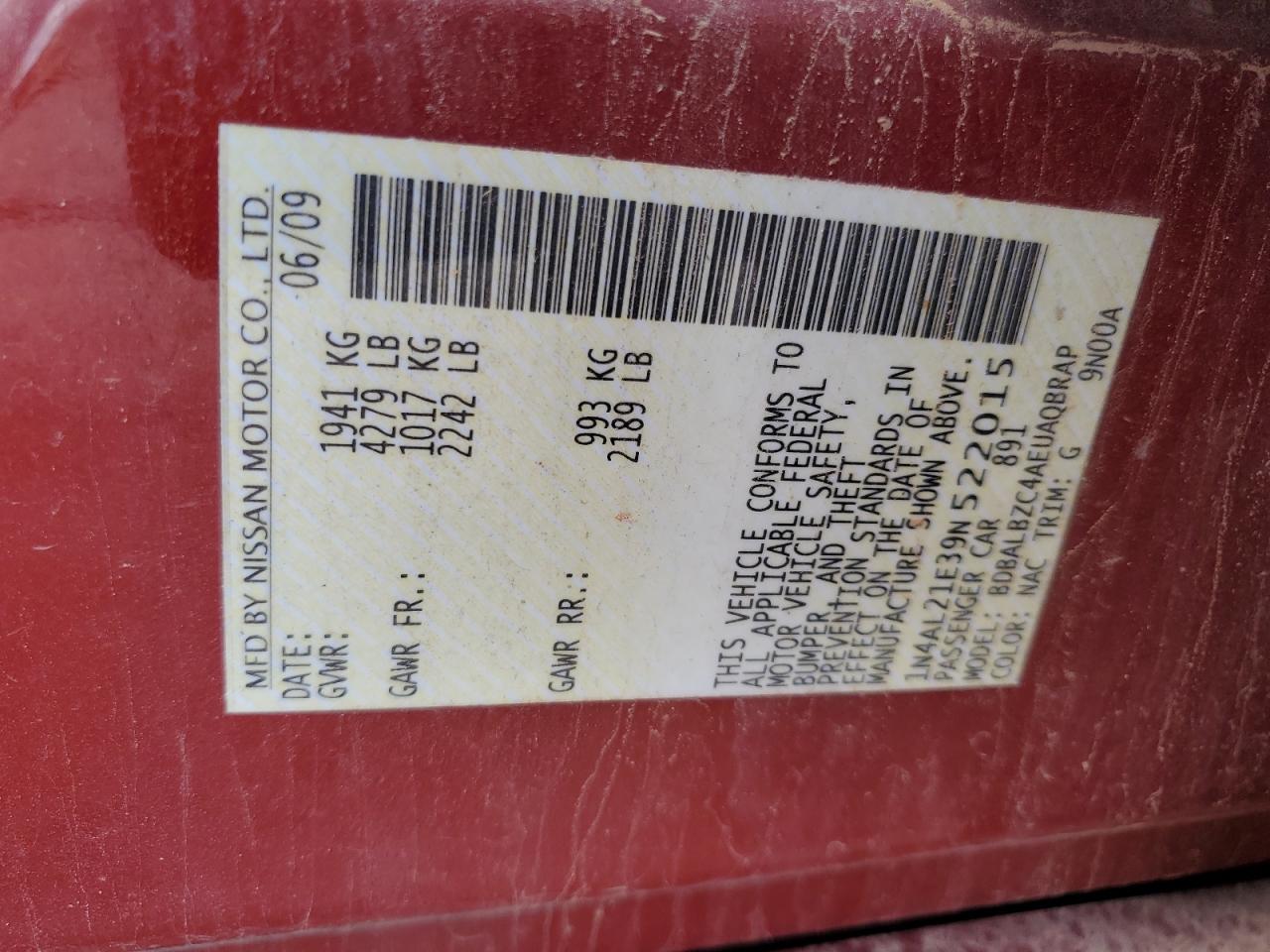 2009 Nissan Altima 2.5 VIN: 1N4AL21E39N522015 Lot: 60488084