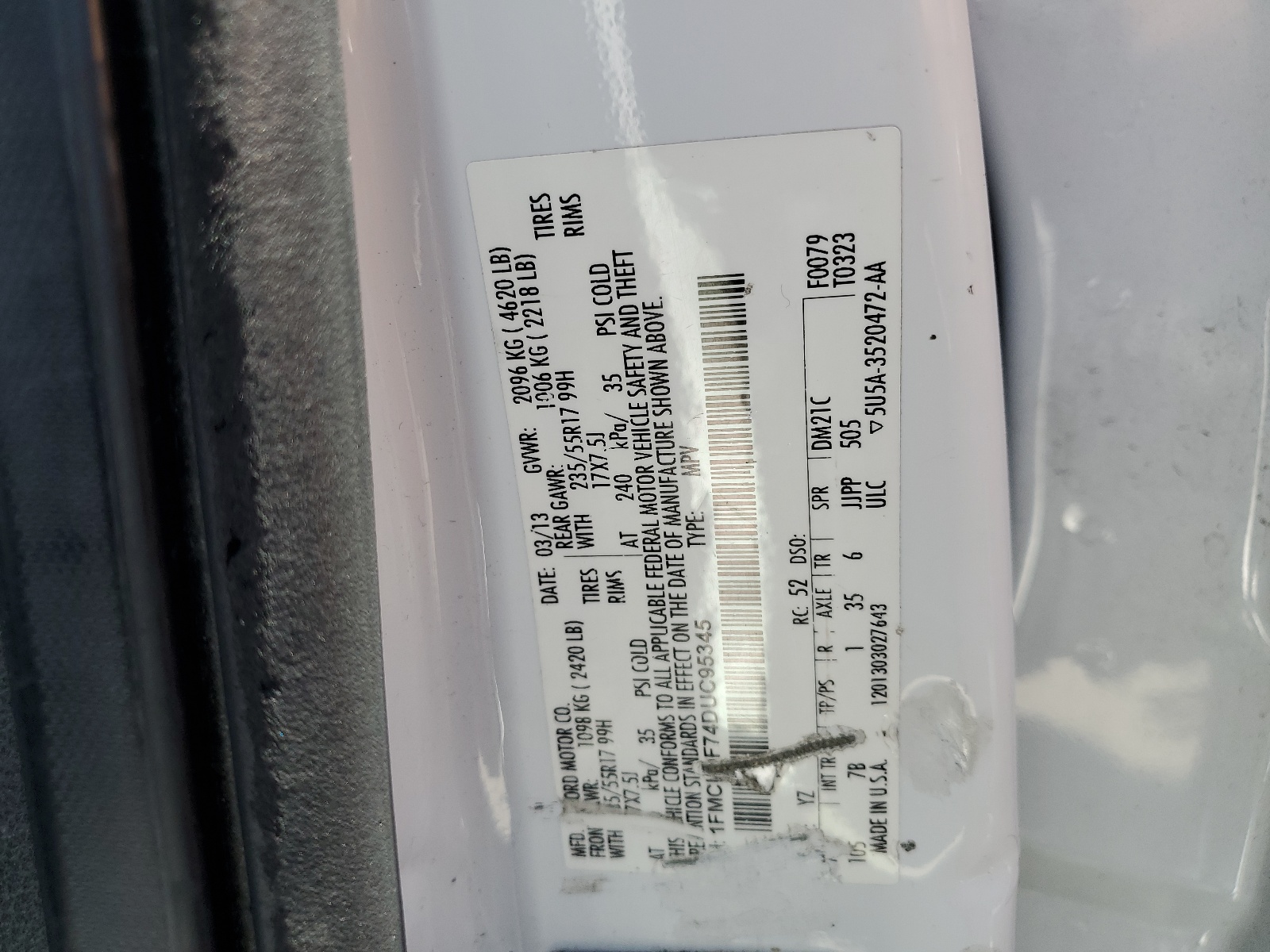 1FMCU0F74DUC95345 2013 Ford Escape S