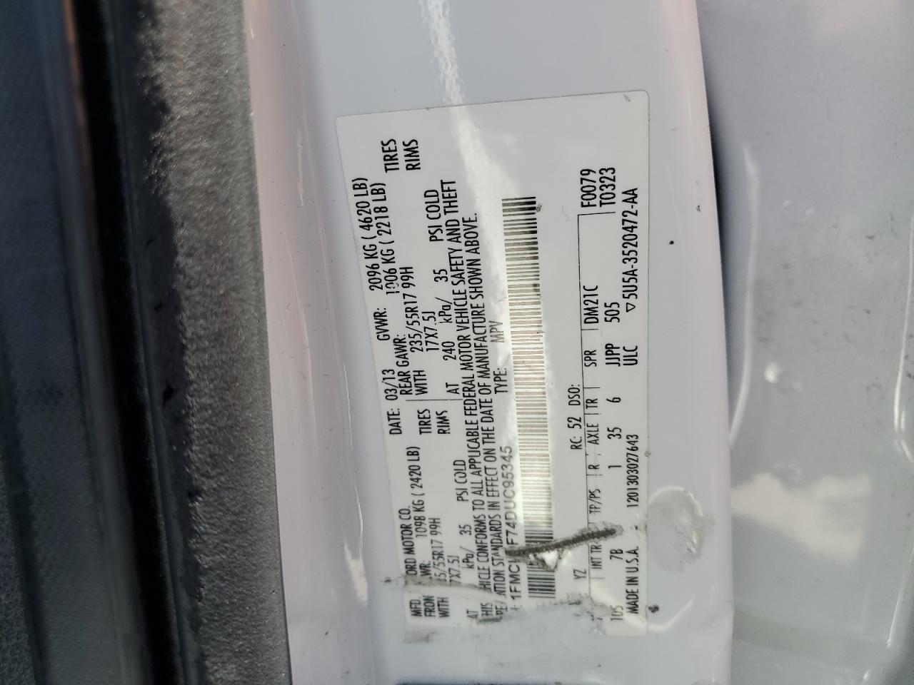 2013 Ford Escape S VIN: 1FMCU0F74DUC95345 Lot: 56327124