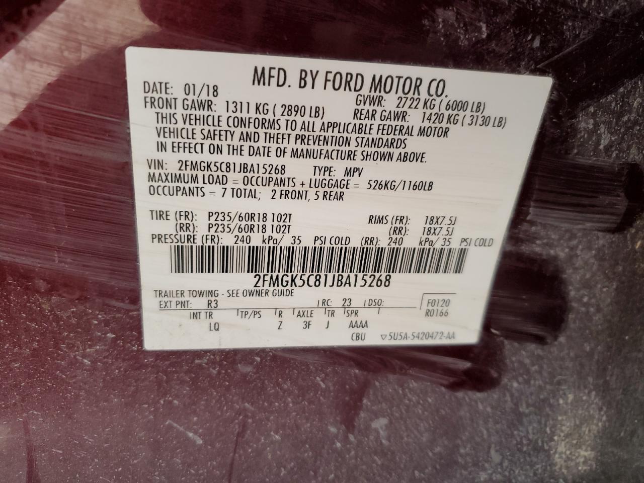 2018 Ford Flex Sel VIN: 2FMGK5C81JBA15268 Lot: 57578374