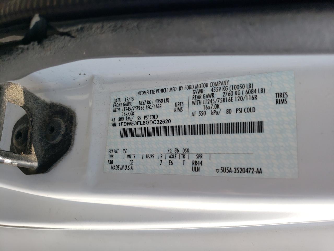 2016 Ford Econoline E350 Super Duty Cutaway Van VIN: 1FDWE3FL8GDC32620 Lot: 59619944