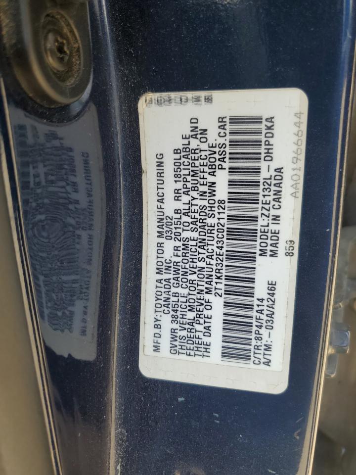 2003 Toyota Corolla Matrix Xr VIN: 2T1KR32E43C021128 Lot: 58878034