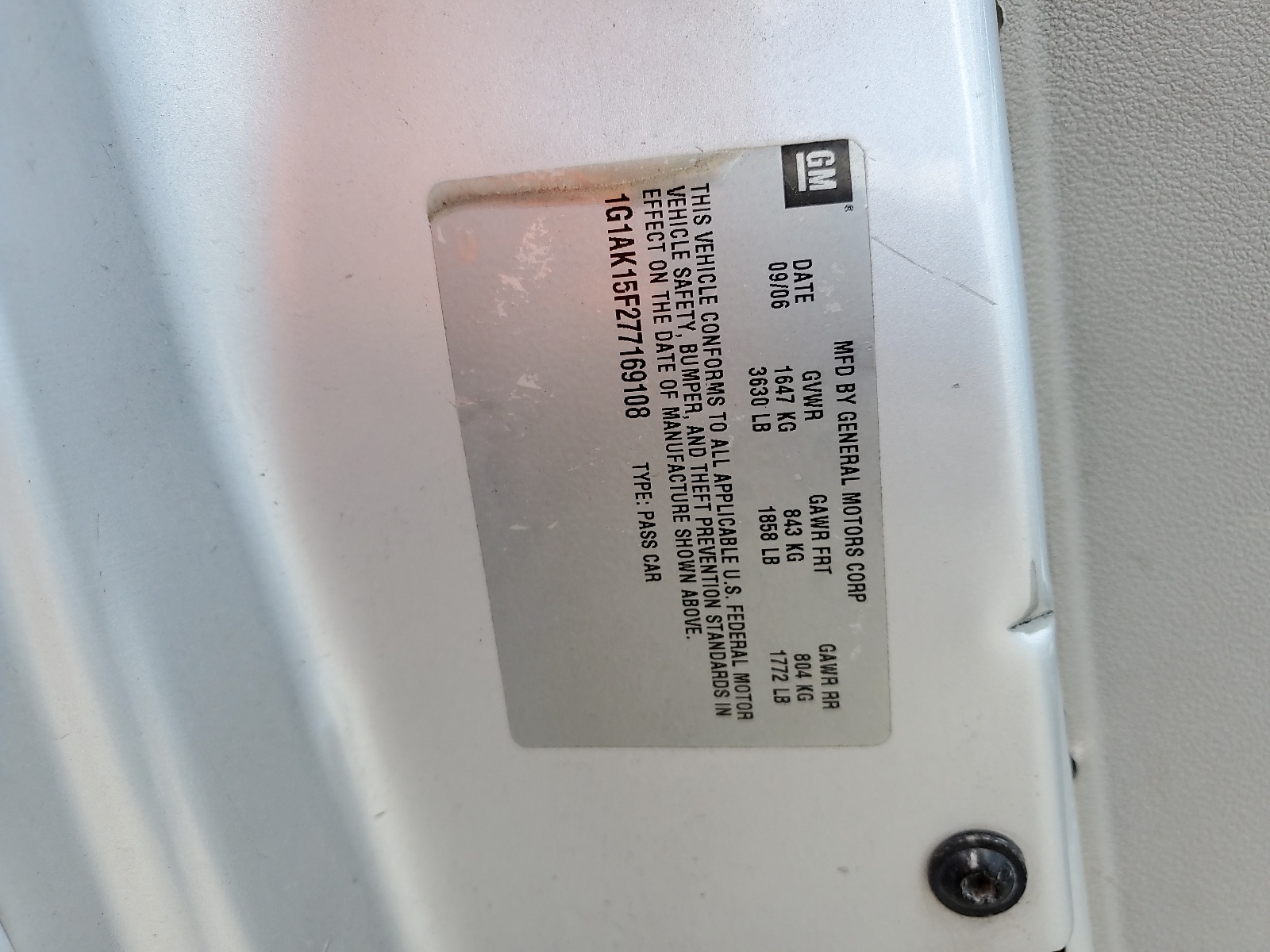 1G1AK15F277169108 2007 Chevrolet Cobalt Ls