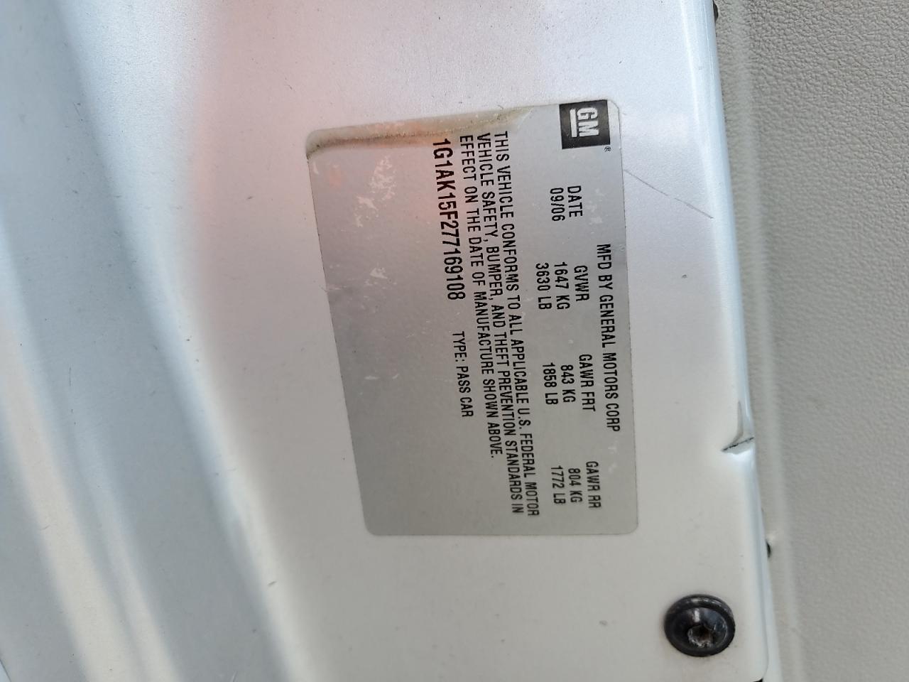 2007 Chevrolet Cobalt Ls VIN: 1G1AK15F277169108 Lot: 59141674