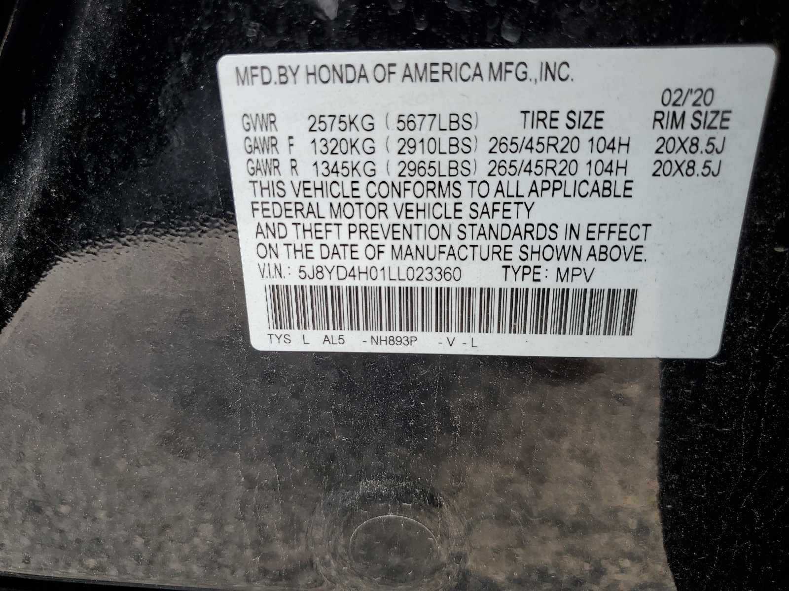 5J8YD4H01LL023360 2020 Acura Mdx A-Spec