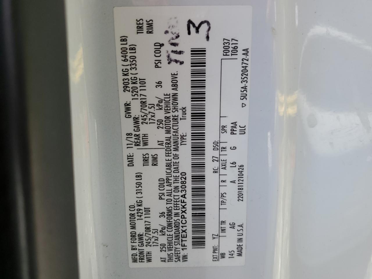 2019 Ford F150 Super Cab VIN: 1FTEX1CPXKFA30820 Lot: 58646414