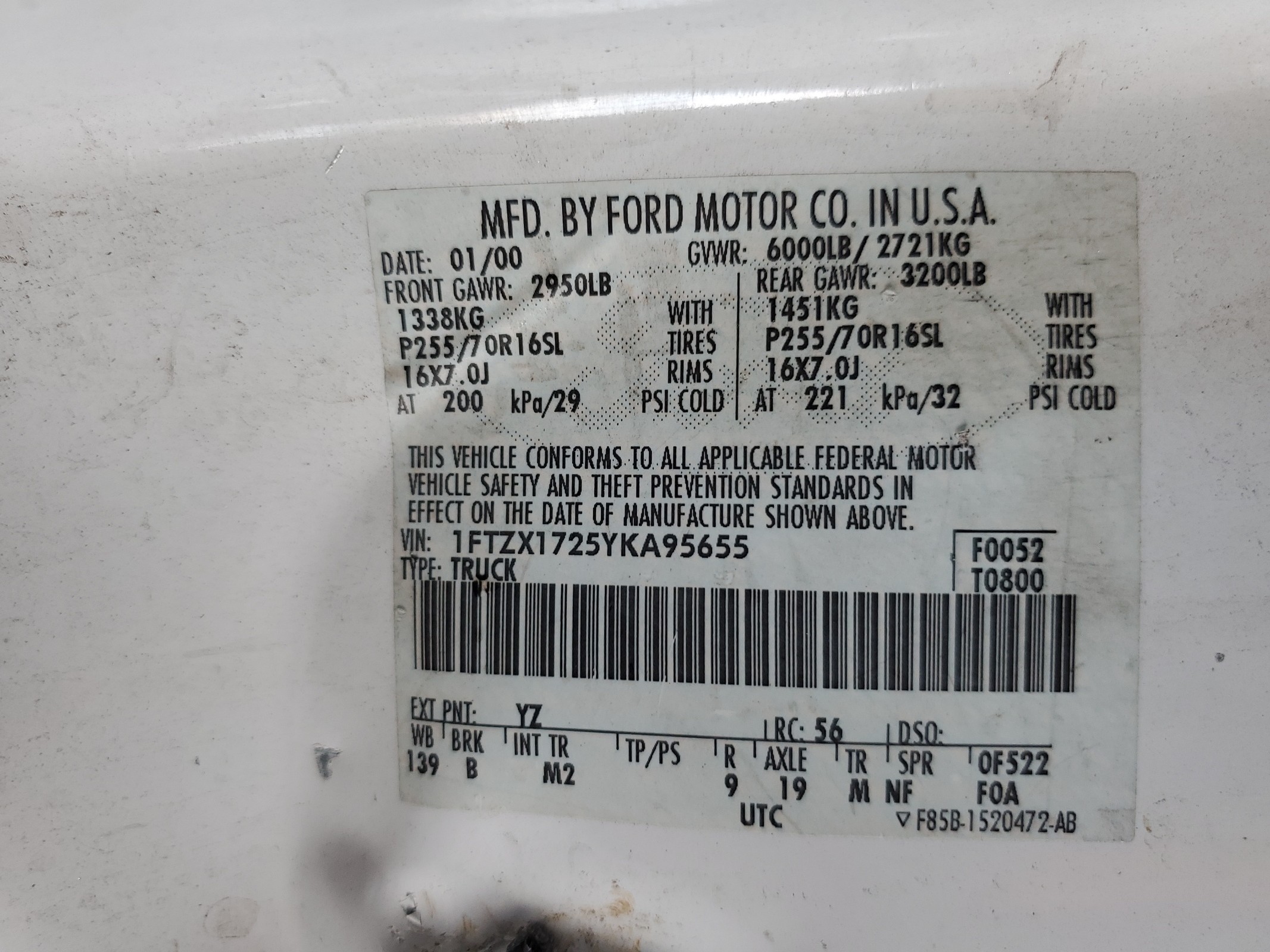 1FTZX1725YKA95655 2000 Ford F150