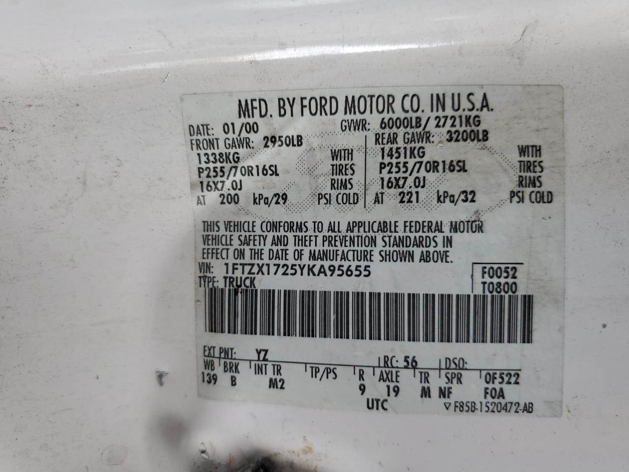 2000 Ford F150 VIN: 1FTZX1725YKA95655 Lot: 57677004