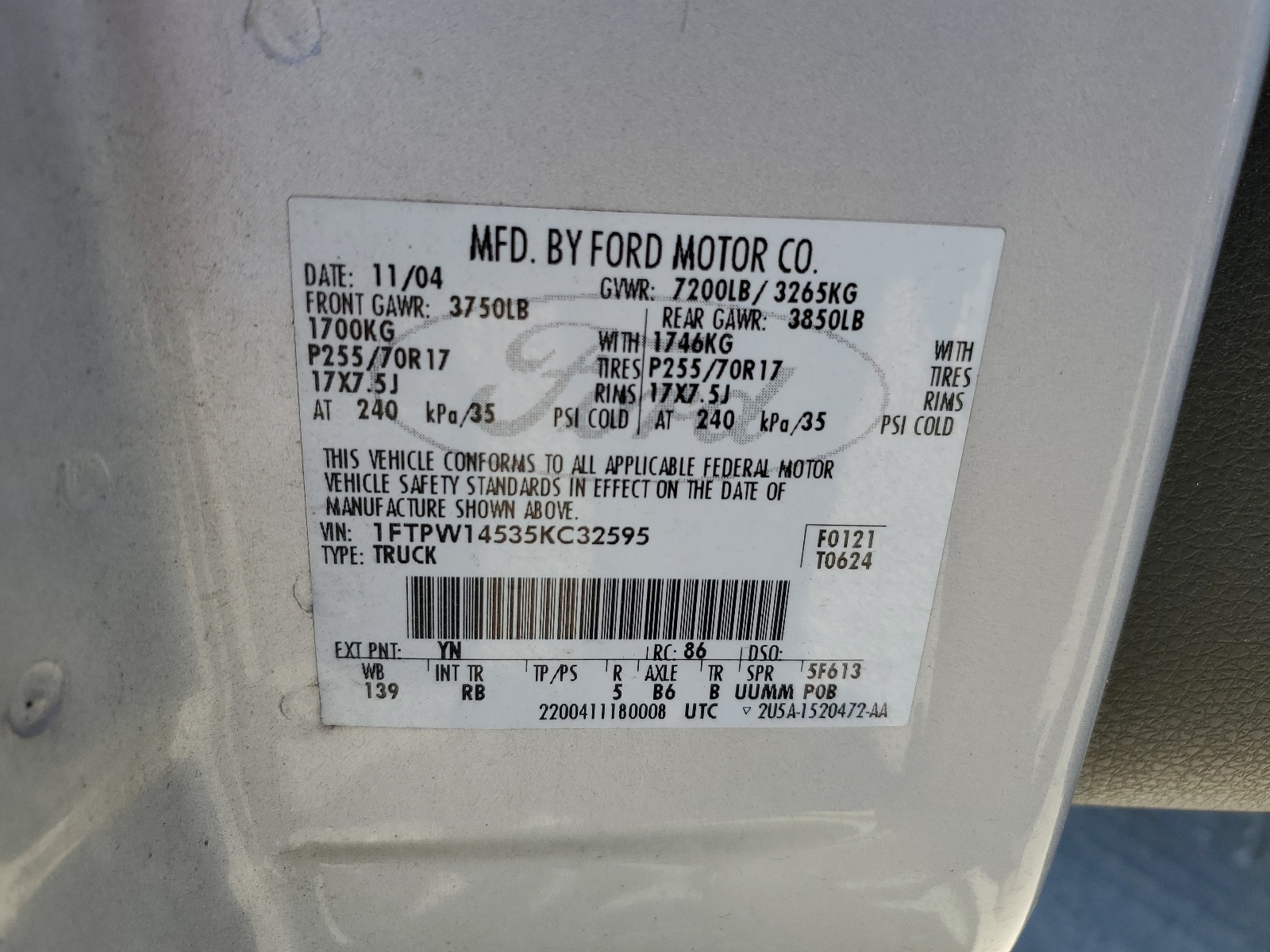 1FTPW14535KC32595 2005 Ford F150 Supercrew