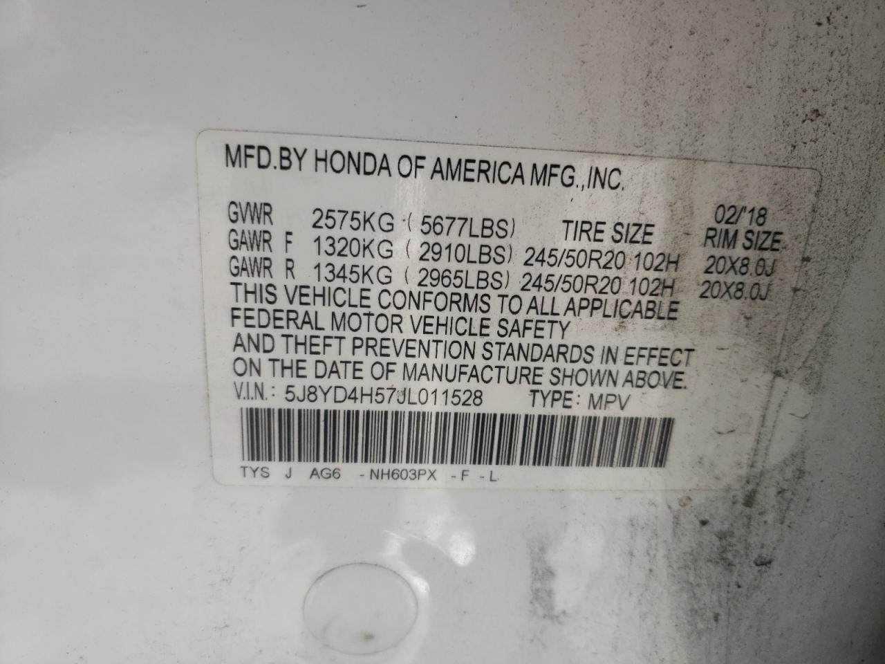 2018 Acura Mdx Technology VIN: 5J8YD4H57JL011528 Lot: 57841114