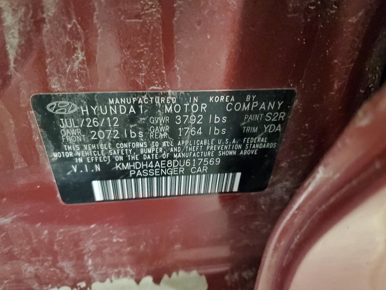 2013 Hyundai Elantra Gls VIN: KMHDH4AE8DU617569 Lot: 59704924