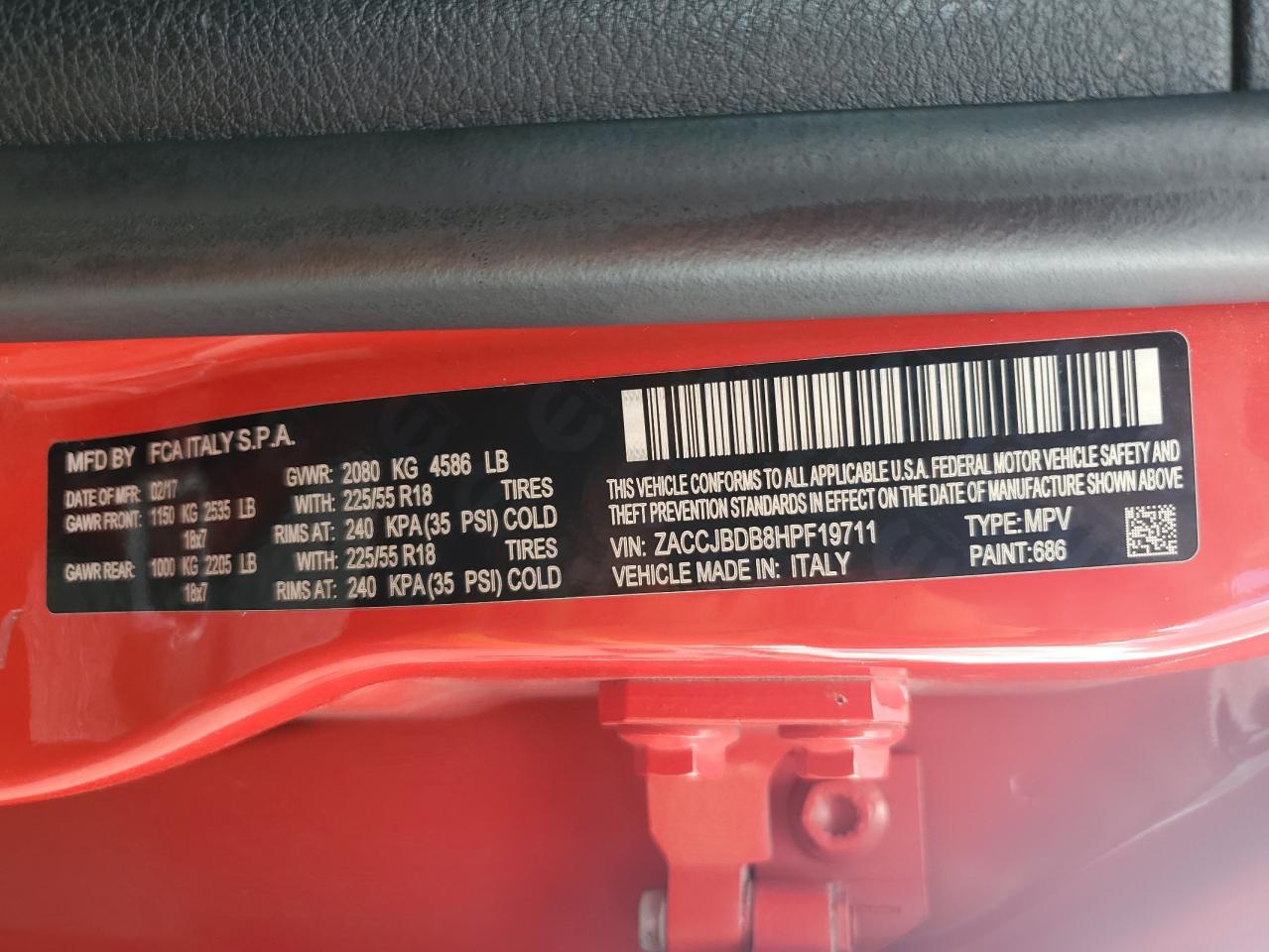 2017 Jeep Renegade Limited VIN: ZACCJBDB8HPF19711 Lot: 57104454