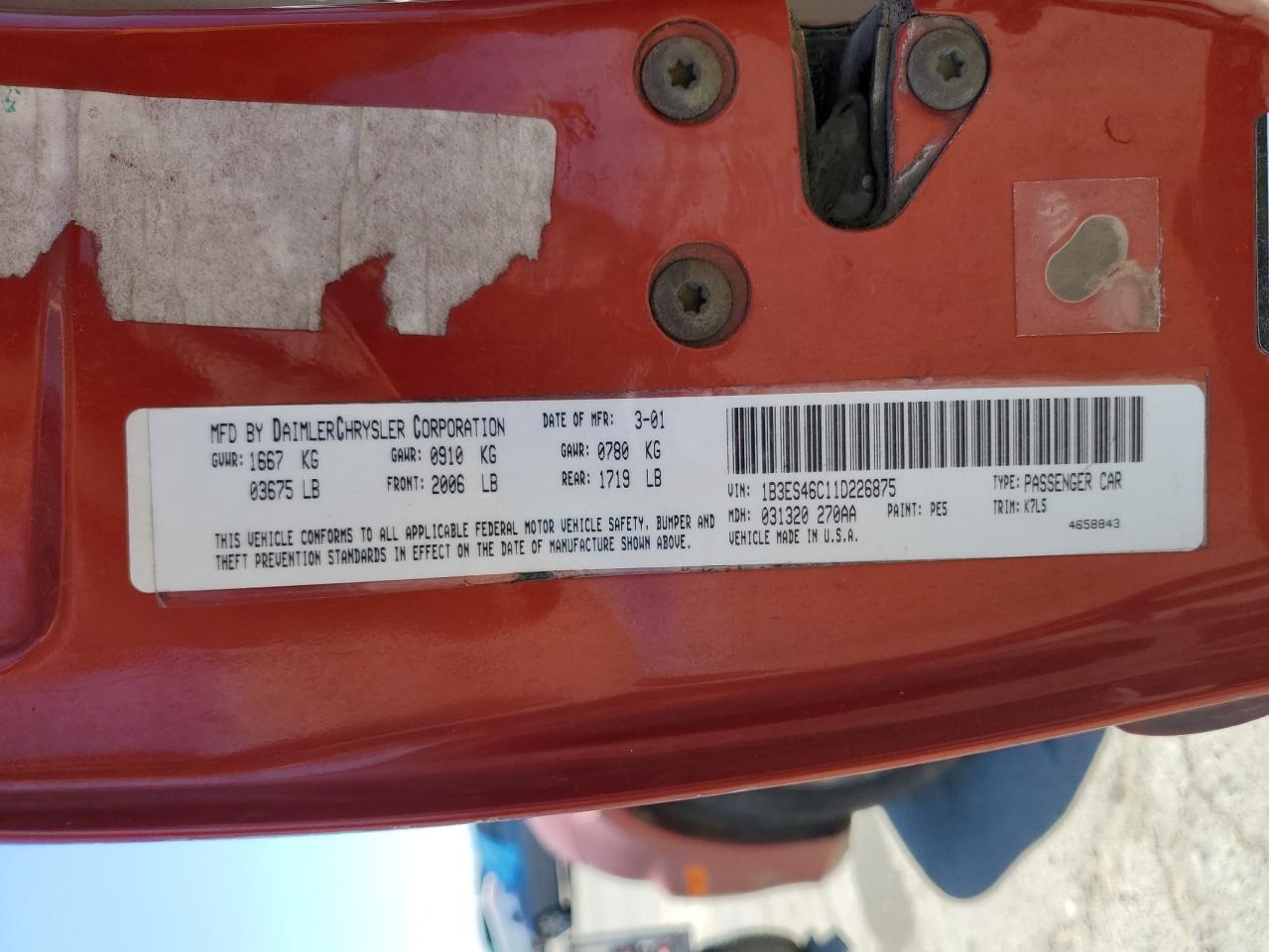 2001 Dodge Neon Se VIN: 1B3ES46C11D226875 Lot: 60107474