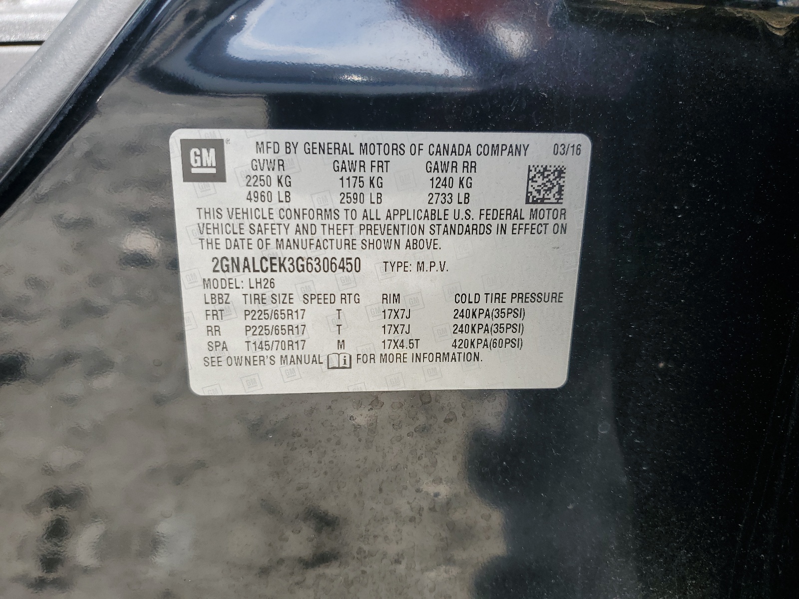 2GNALCEK3G6306450 2016 Chevrolet Equinox Lt